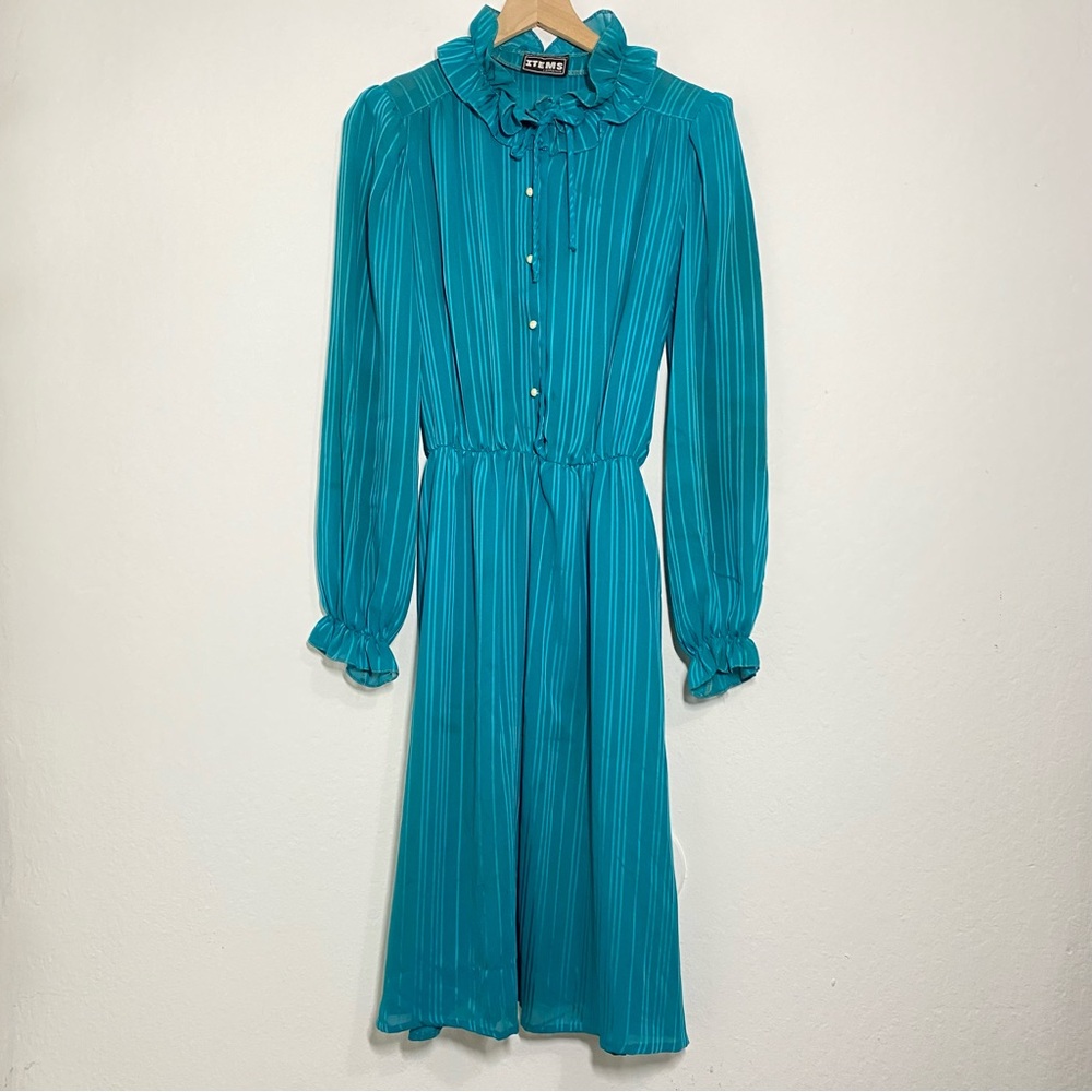 Items California Vintage Women’s M Turquoise Puff Sleeve Striped Ruffle Dress